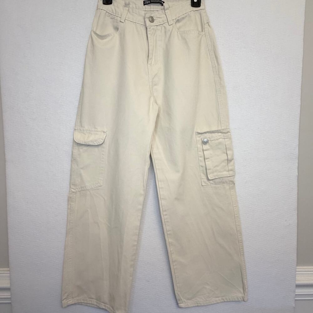 Zara Womens Size  4 Cream Cargo Pants Wide Leg Utility Y2K Streetwear Pockets